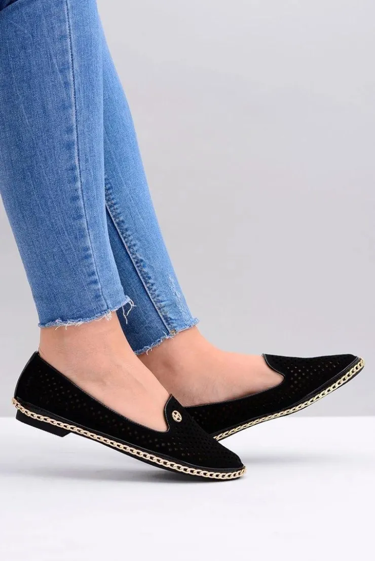 Boto Baleriny Klasyczne*Lu Boo | Czarne Ażurowe Balerinki Lordsy Stylish