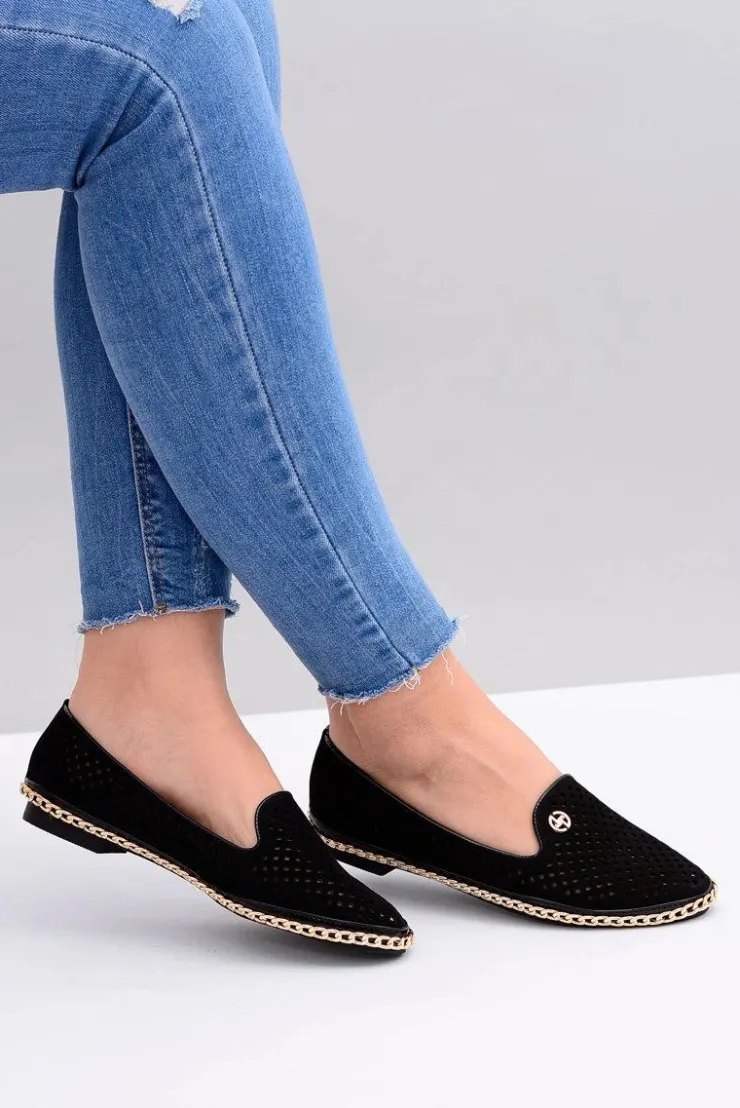 Boto Baleriny Klasyczne*Lu Boo | Czarne Ażurowe Balerinki Lordsy Stylish