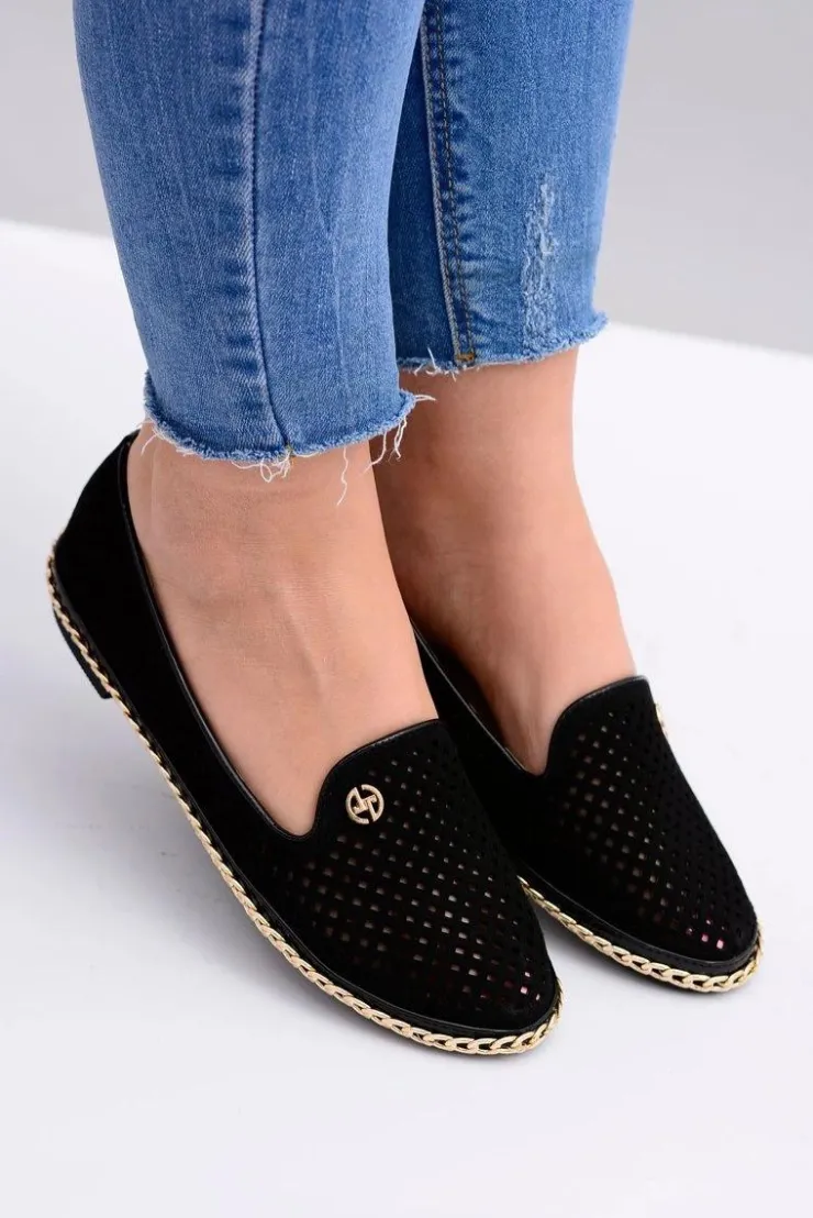 Boto Baleriny Klasyczne*Lu Boo | Czarne Ażurowe Balerinki Lordsy Stylish