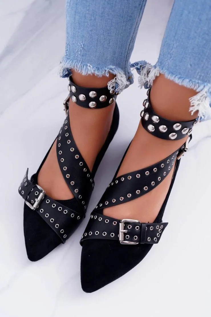 Clearance Boto Lu Boo | Czarne Baleriny Paski Nity W Szpic Esteria