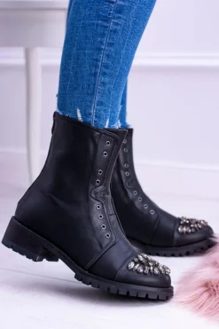 Damskie Boto Lu Boo | Czarne Damskie Botki Za Kostkę z Cyrkoniami Carrie