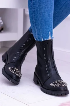 Damskie Boto Lu Boo | Czarne Damskie Botki Za Kostkę z Cyrkoniami Carrie