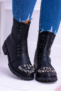 Damskie Boto Lu Boo | Czarne Damskie Botki Za Kostkę z Cyrkoniami Carrie