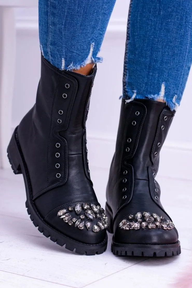 Damskie Boto Lu Boo | Czarne Damskie Botki Za Kostkę z Cyrkoniami Carrie