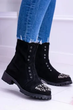 Boto Czarne Botki|Botki Płaskie*Lu Boo | Czarne Damskie Botki Za Kostkę Cyrkonie Zamsz Carrie