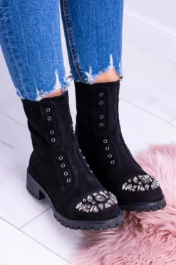 Boto Czarne Botki|Botki Płaskie*Lu Boo | Czarne Damskie Botki Za Kostkę Cyrkonie Zamsz Carrie