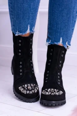 Boto Czarne Botki|Botki Płaskie*Lu Boo | Czarne Damskie Botki Za Kostkę Cyrkonie Zamsz Carrie