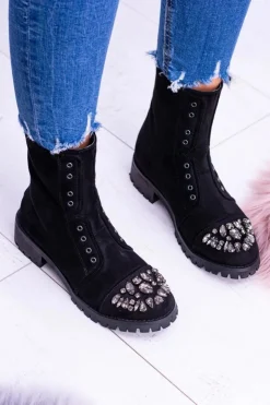 Boto Czarne Botki|Botki Płaskie*Lu Boo | Czarne Damskie Botki Za Kostkę Cyrkonie Zamsz Carrie