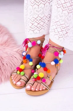 Hot Boto Lu Boo | Kolorowe Sandałki Pompony Rzymianki Gladiatorki