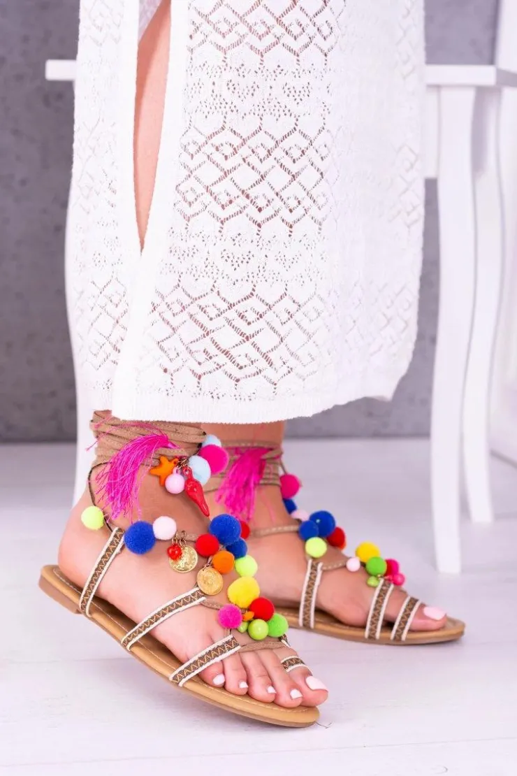 Hot Boto Lu Boo | Kolorowe Sandałki Pompony Rzymianki Gladiatorki