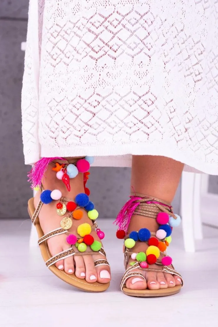 Hot Boto Lu Boo | Kolorowe Sandałki Pompony Rzymianki Gladiatorki