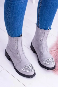 Boto Botki Płaskie|Czarne Botki*Lu Boo | Szare Damskie Botki Za Kostkę z Cyrkoniami Carrie