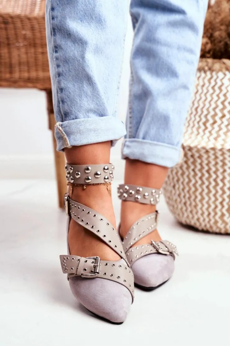 Boto Baleriny Klasyczne*Lu Boo Baleriny W Szpic Paski Nity Szare Esteria