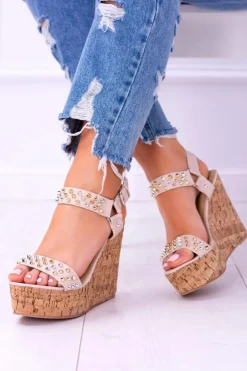 Damskie Boto Lu Boo Beżowe Damskie Sandały Na Koturnie Ćwieki Valeria