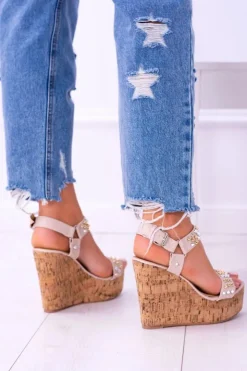 Damskie Boto Lu Boo Beżowe Damskie Sandały Na Koturnie Ćwieki Valeria