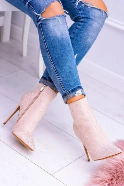 Online Boto Lu Boo Beżowe Wysokie Zamszowe Botki na Szpilce Cyrkonie Cubano