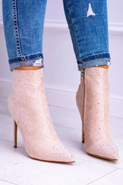 Online Boto Lu Boo Beżowe Wysokie Zamszowe Botki na Szpilce Cyrkonie Cubano