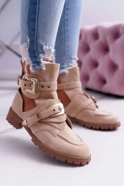 Damskie Boto Lu Boo Beżowe Zamszowe Botki Z Wycięciami Rock Girl