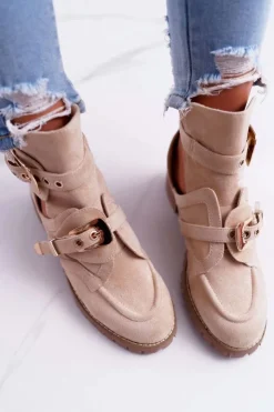 Damskie Boto Lu Boo Beżowe Zamszowe Botki Z Wycięciami Rock Girl