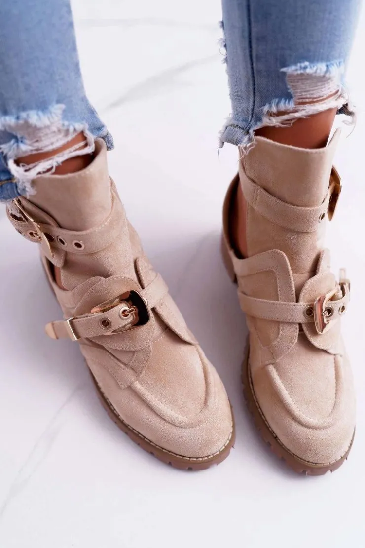 Damskie Boto Lu Boo Beżowe Zamszowe Botki Z Wycięciami Rock Girl