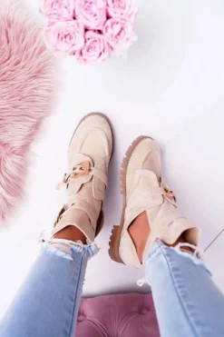 Damskie Boto Lu Boo Beżowe Zamszowe Botki Z Wycięciami Rock Girl