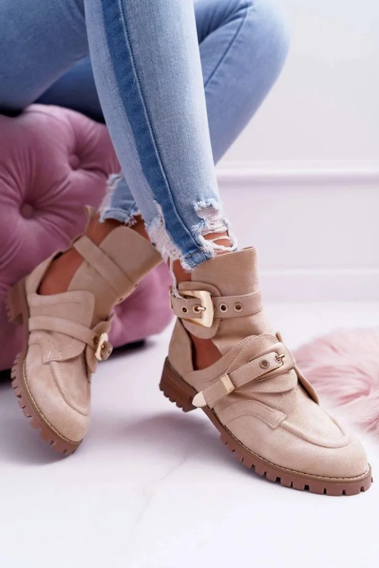 Damskie Boto Lu Boo Beżowe Zamszowe Botki Z Wycięciami Rock Girl