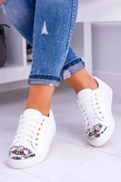 Best Boto Lu Boo Białe Trampki z Błyszczącymi Kryształami