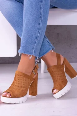 Boto Sandały Na Obcasie*Lu Boo Brązowe Zamszowe Sandały na Słupku Emare