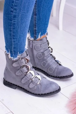 Boto Botki Płaskie|Botki Zamszowe*Lu Boo Ciemnoszare Botki Virginia Rock Star Nity Klamry Zamsz Szary