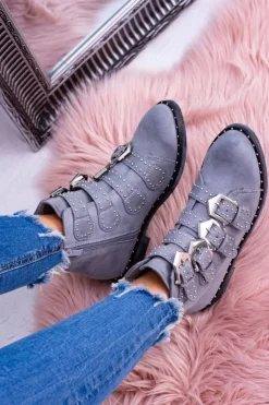 Boto Botki Płaskie|Botki Zamszowe*Lu Boo Ciemnoszare Botki Virginia Rock Star Nity Klamry Zamsz Szary