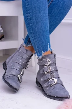 Boto Botki Płaskie|Botki Zamszowe*Lu Boo Ciemnoszare Botki Virginia Rock Star Nity Klamry Zamsz Szary