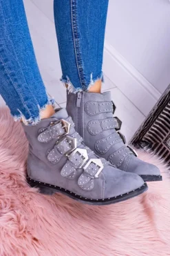 Boto Botki Płaskie|Botki Zamszowe*Lu Boo Ciemnoszare Botki Virginia Rock Star Nity Klamry Zamsz Szary