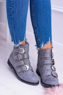 Boto Botki Płaskie|Botki Zamszowe*Lu Boo Ciemnoszare Botki Virginia Rock Star Nity Klamry Zamsz Szary