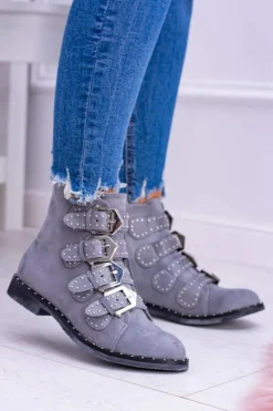 Boto Botki Płaskie|Botki Zamszowe*Lu Boo Ciemnoszare Botki Virginia Rock Star Nity Klamry Zamsz Szary