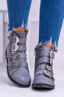 Boto Botki Płaskie|Botki Zamszowe*Lu Boo Ciemnoszare Botki Virginia Rock Star Nity Klamry Zamsz Szary