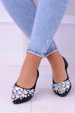 Boto Baleriny Klasyczne*Lu Boo Czarne Balerinki na Gumce Kamienie Even