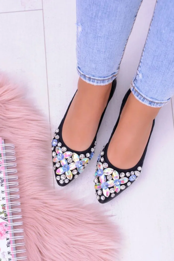 Boto Baleriny Klasyczne*Lu Boo Czarne Balerinki na Gumce Kamienie Even