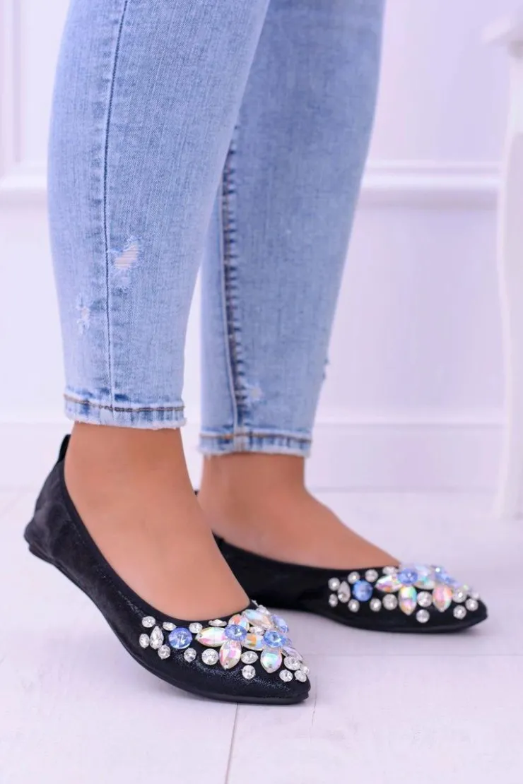 Boto Baleriny Klasyczne*Lu Boo Czarne Balerinki na Gumce Kamienie Even