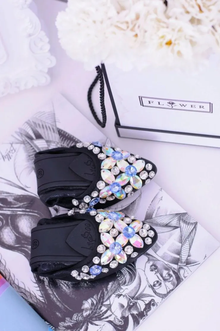 Boto Baleriny Klasyczne*Lu Boo Czarne Balerinki na Gumce Kamienie Even