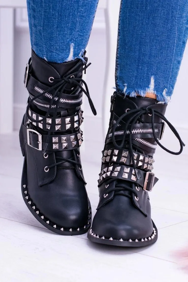 Sale Boto Lu Boo Czarne Botki z Ćwiekami Zamek Klamry