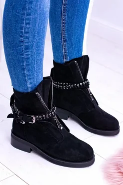 Boto Botki Płaskie|Czarne Botki*Lu Boo Czarne Damskie Botki Suwak Cekiny Rafell