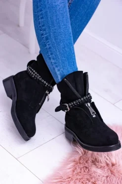 Boto Botki Płaskie|Czarne Botki*Lu Boo Czarne Damskie Botki Suwak Cekiny Rafell