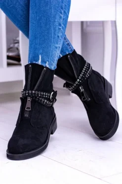 Boto Botki Płaskie|Czarne Botki*Lu Boo Czarne Damskie Botki Suwak Cekiny Rafell