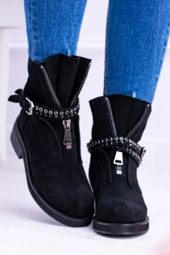 Boto Botki Płaskie|Czarne Botki*Lu Boo Czarne Damskie Botki Suwak Cekiny Rafell