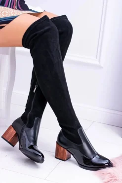 Outlet Boto Lu Boo Czarne Damskie Kozaki Na Słupku Zamsz Lakier Jess