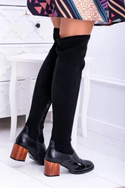 Outlet Boto Lu Boo Czarne Damskie Kozaki Na Słupku Zamsz Lakier Jess