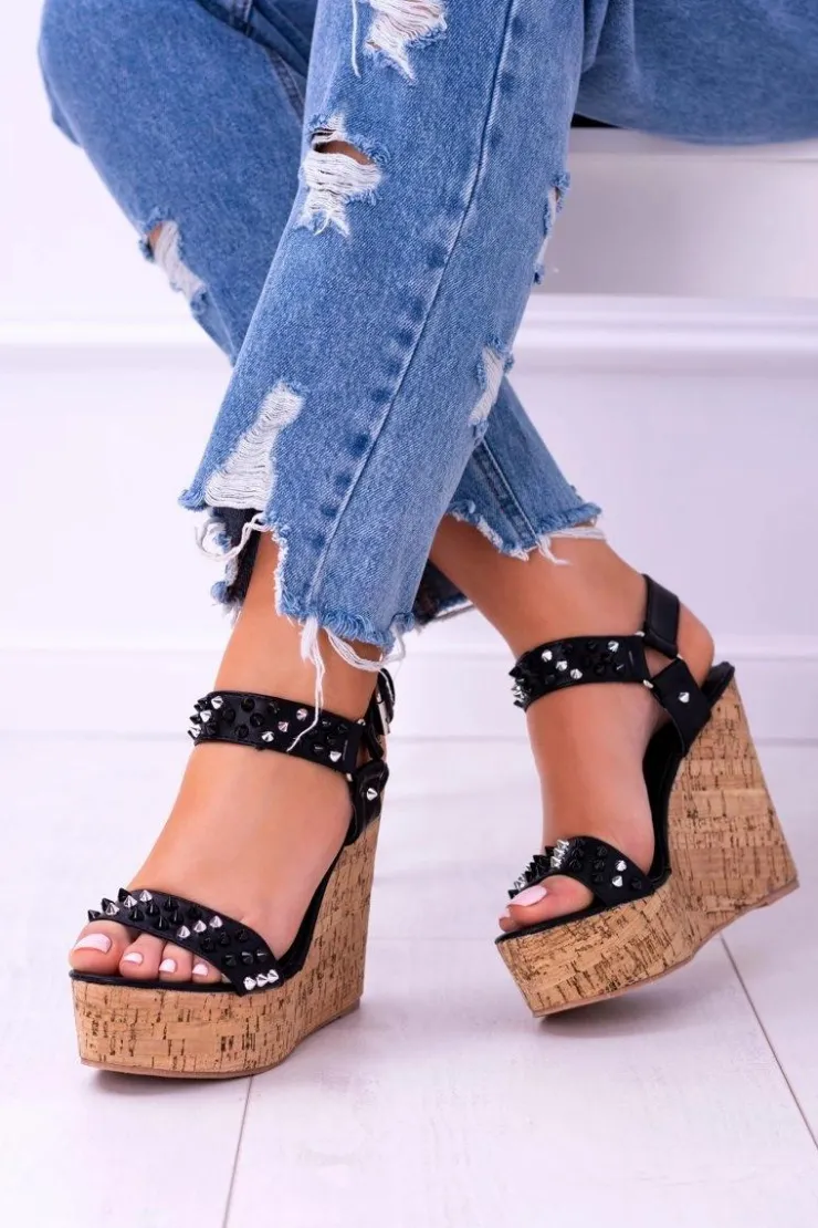 Damskie Boto Lu Boo Czarne Damskie Sandały Na Koturnie Ćwieki Valeria