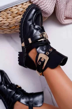 Damskie Boto Lu Boo Czarne Lakierowane Botki Z Wycięciami Rock Girl