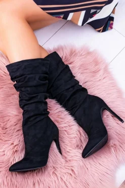 Damskie Boto Lu Boo Czarne Wysokie Zamszowe Botki na Szpilce Bellisario