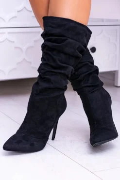 Damskie Boto Lu Boo Czarne Wysokie Zamszowe Botki na Szpilce Bellisario
